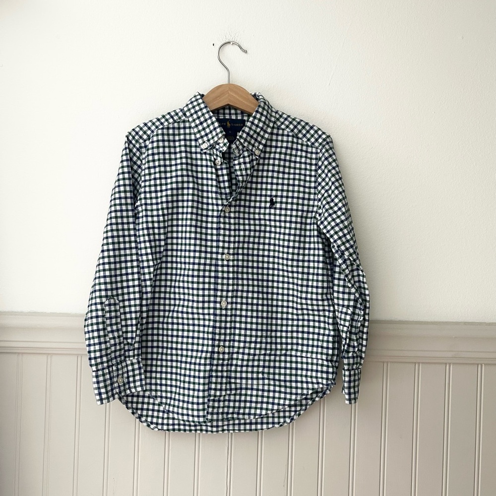 Ralph Lauren Kids Size 6 Blue Green White Gingham Cotton Button Down Shirt